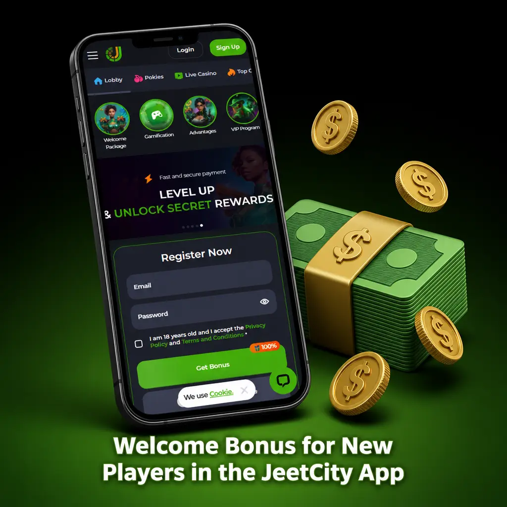 JeetCity app welcome bonus options showing 100% match up to €7,500 with free spins or €200 sports betting offer